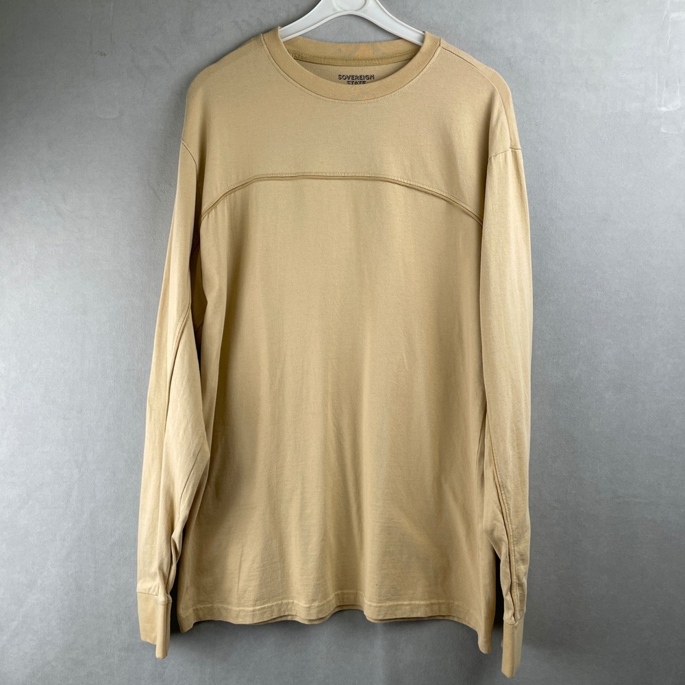 Sovereign State Mens Tan Cotton Long Sleeve T-Shirt Size L Curved Yoke‎ Detail